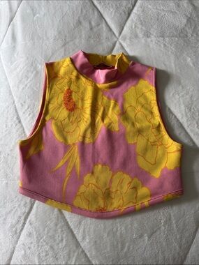 Zara Pink and Yellow Floral Mock Neck Crop Top